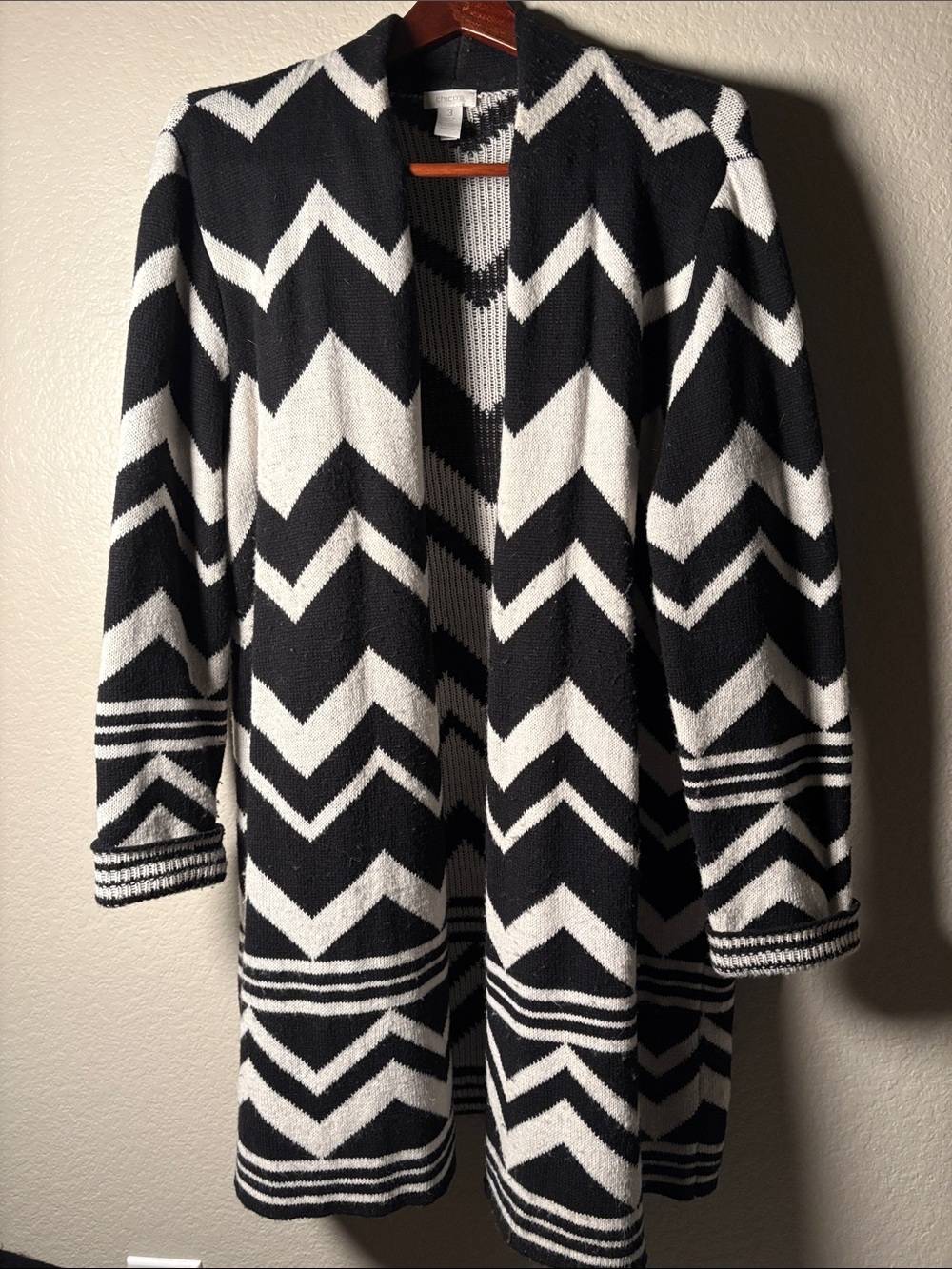 Wool Blend Black and White Chevron Open-Front Women's Sweater Cardigan